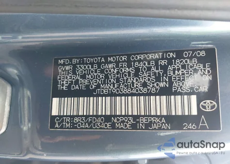 2008 Toyota Yaris from USA, damaged, VIN JTDBT903884038787